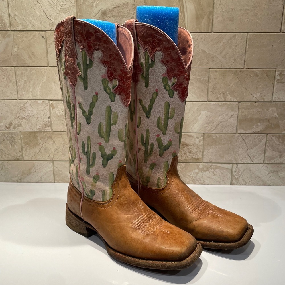 Ariat Fonda Women Cactus Print Leather Western Boots Square Toe Tan Pink 8.5B
